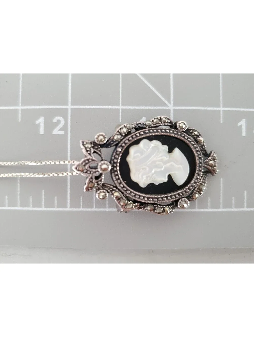 Vintage Sterling Silver Onyx Marcasite Cameo Brooch Pendant Necklace